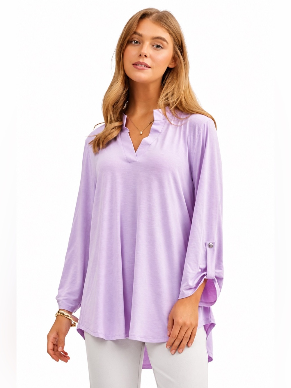 Lavender Split-Neck Long-Sleeve Tunic Top